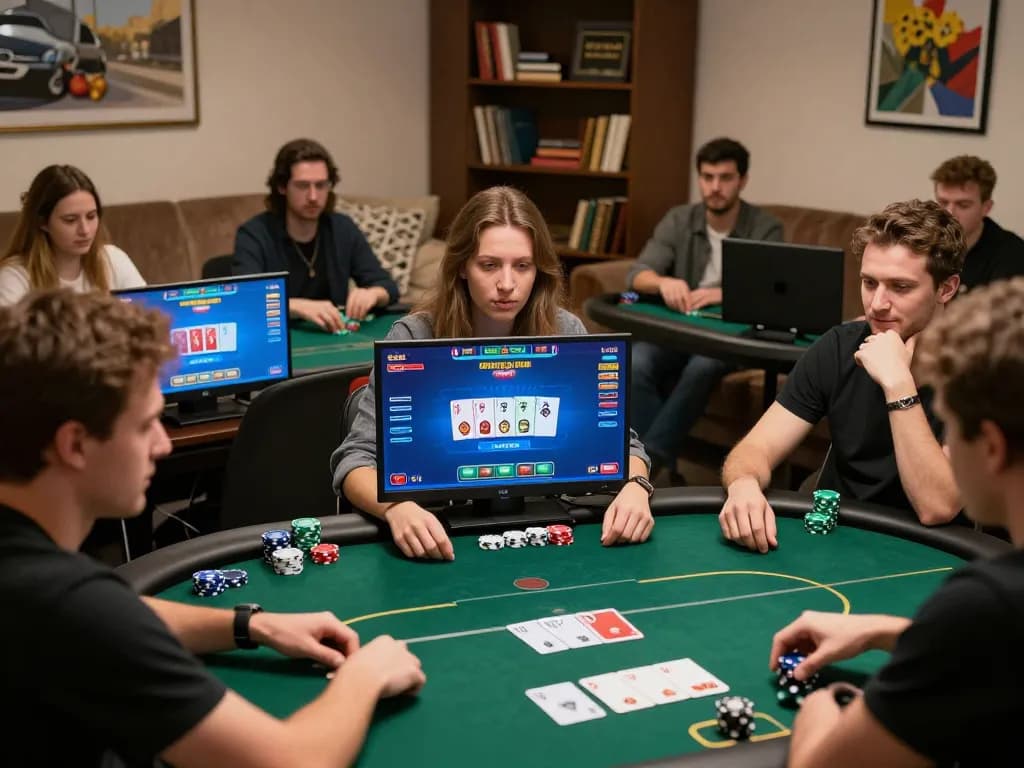 Players enjoying an online game on luck8 com, showcasing an engaging poker atmosphere with vibrant poker interfaces.