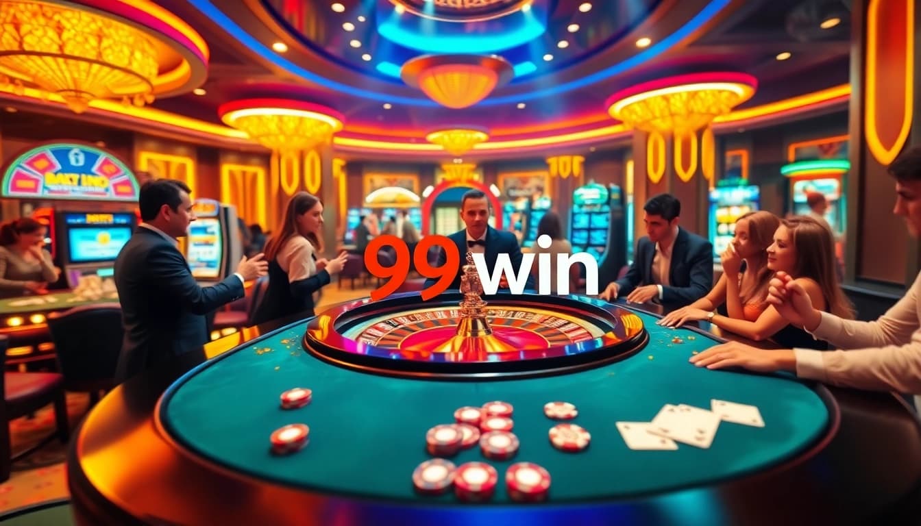 Players enjoying the excitement of a roulette table at 99win casino, surrounded by vibrant decor.