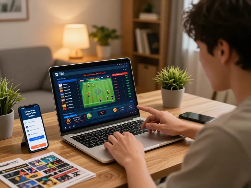 Dewatogel Link Alternatif Login Terbaru showcases a user engaging with live sports betting on a laptop, analyzing odds in a cozy setting.