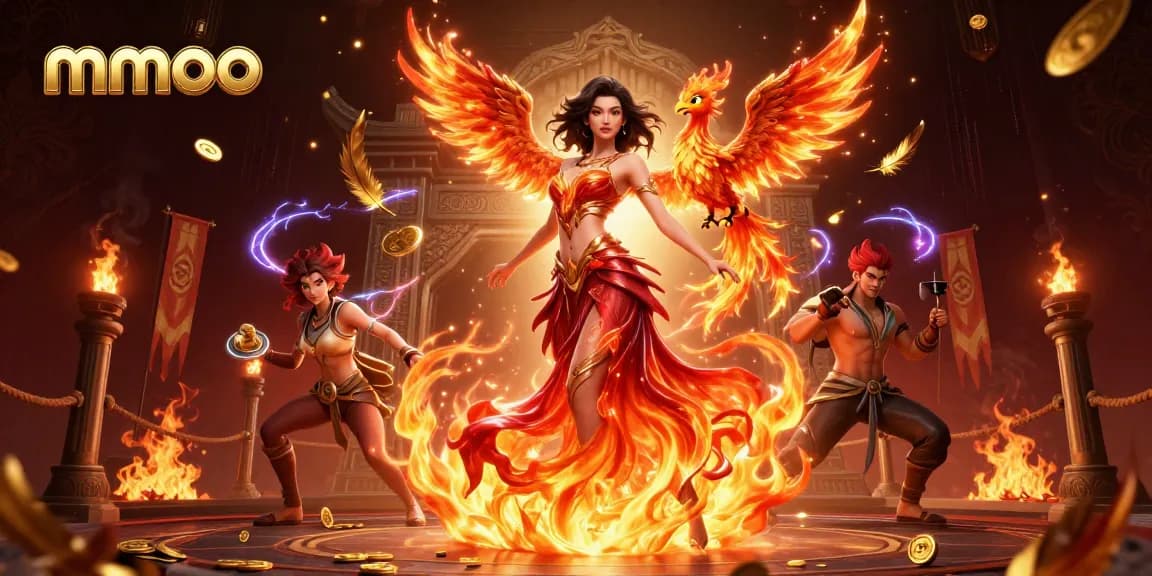 Mmoo online casino illustration showcasing a stunning Asian woman engulfed in flames with a fire phoenix, capturing the excitement of gaming.