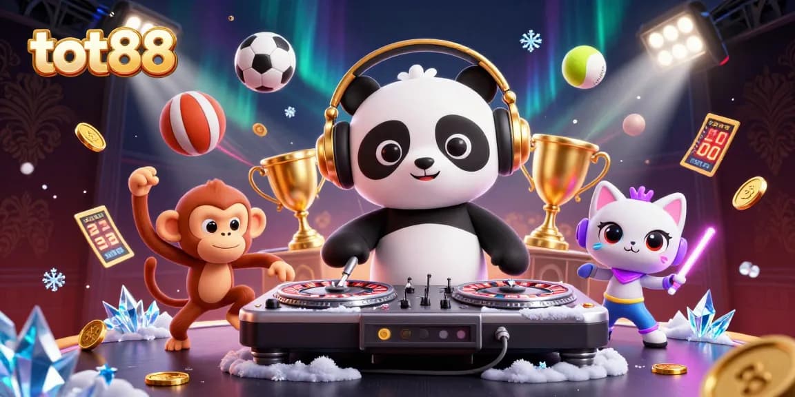 Experience thrilling gameplay with tot88, featuring a DJ panda and dancing monkey in a vibrant casino scene.