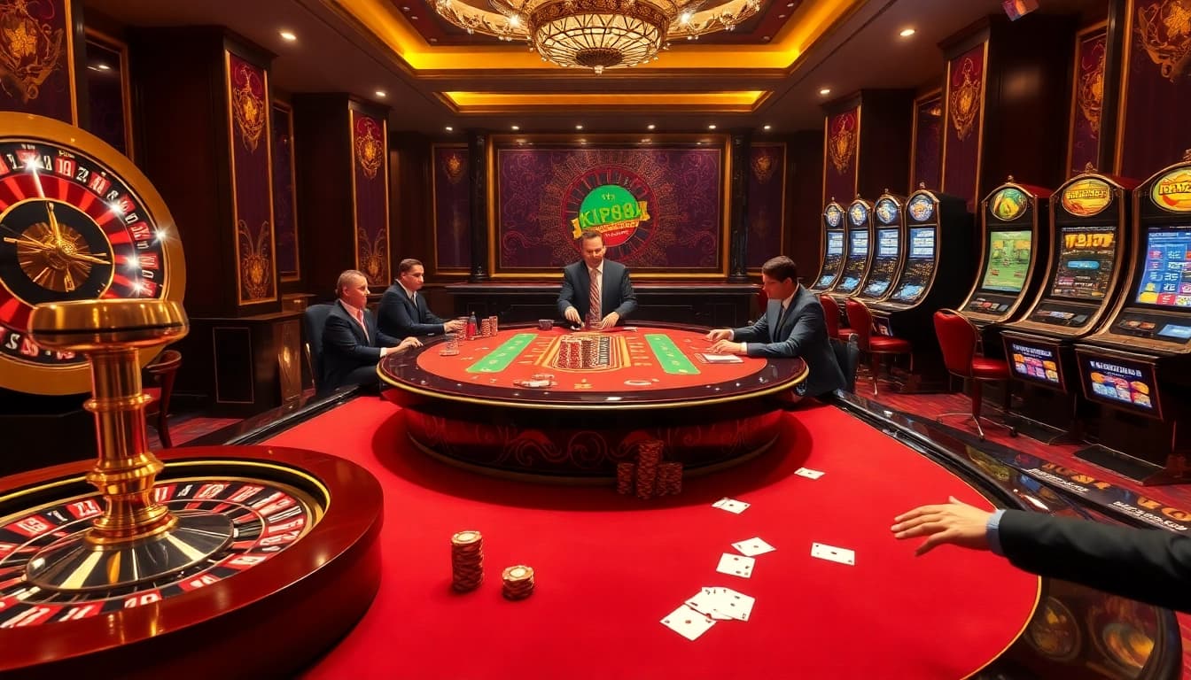 Glamorous KP88 gaming table scene with poker players, roulette wheel, and slot machines.