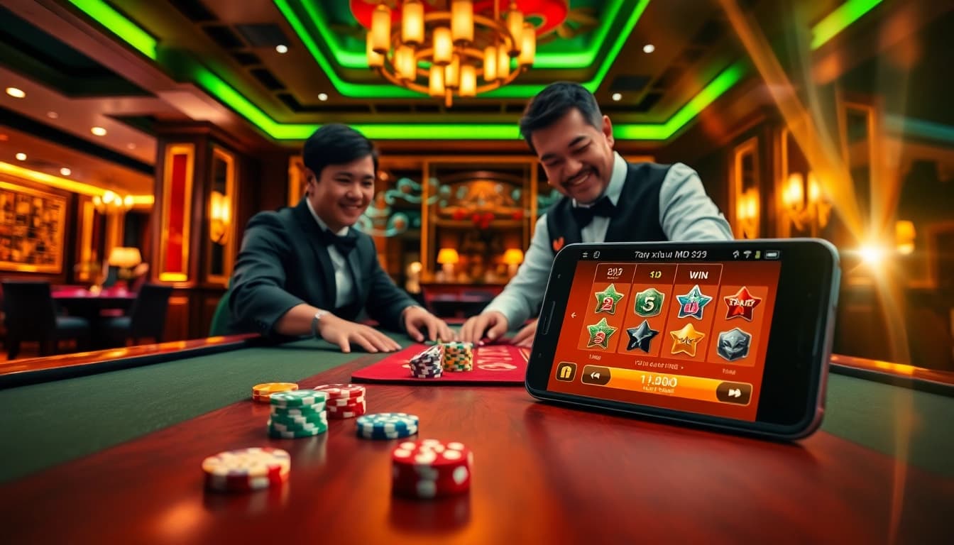 Engaging scene of a player betting on tài xỉu md5 at a casino table, showcasing vibrant chips and a modern app.
