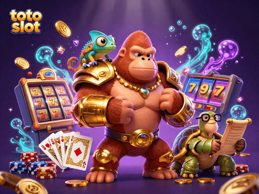 Engage with the thrilling scene of toto slot action featuring a powerful gorilla king, vibrant slots, and treasure elements.