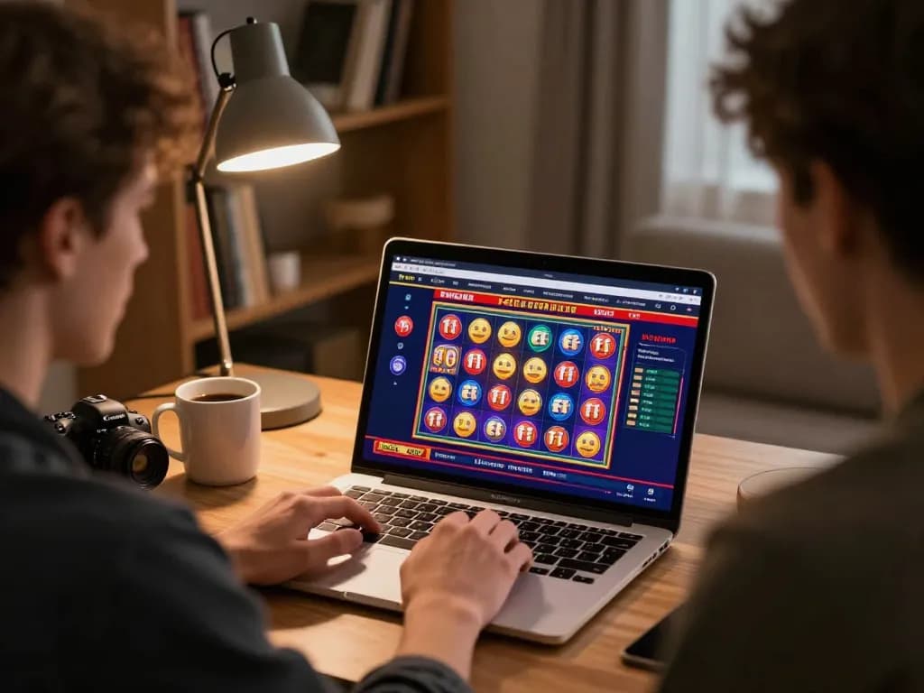 Individu menikmati sesi permainan toto online yang menarik di laptop, menampilkan gameplay slot yang cerah.