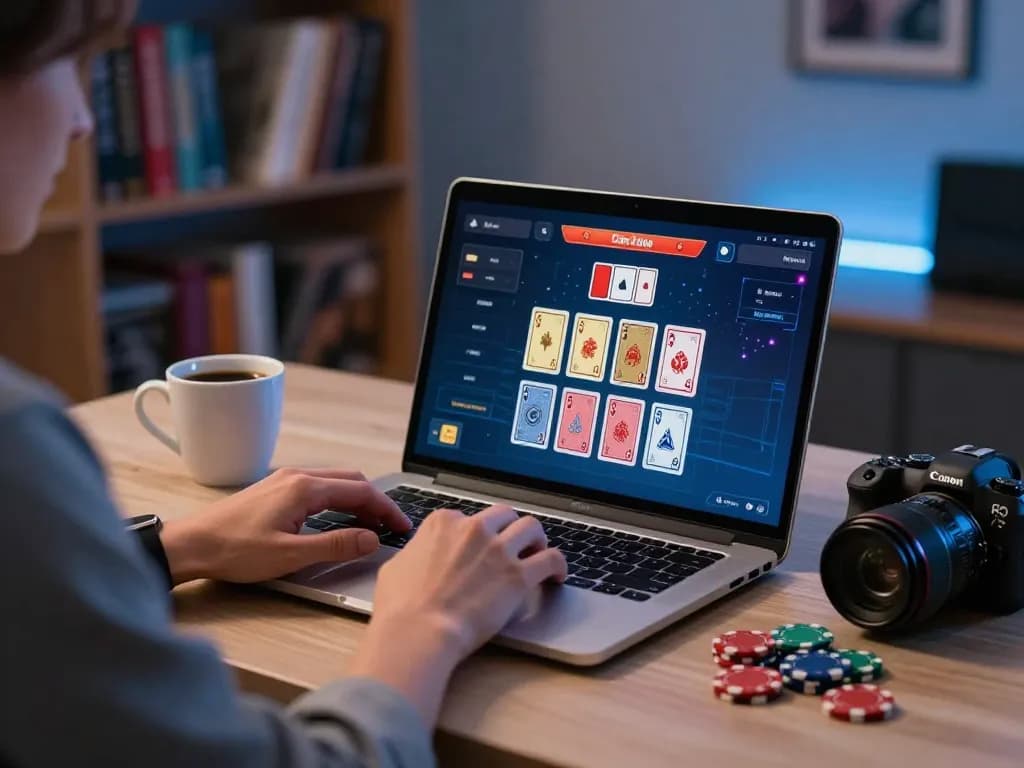 Phiên chơi LUCK8 với người chơi sử dụng laptop để xây dựng chiến lược blackjack, không khí ấm cúng.
