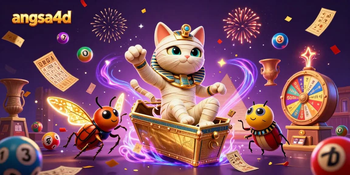 Join the excitement of angsa4d with a vibrant 3D scene featuring a mummy cat and lotto elements.
