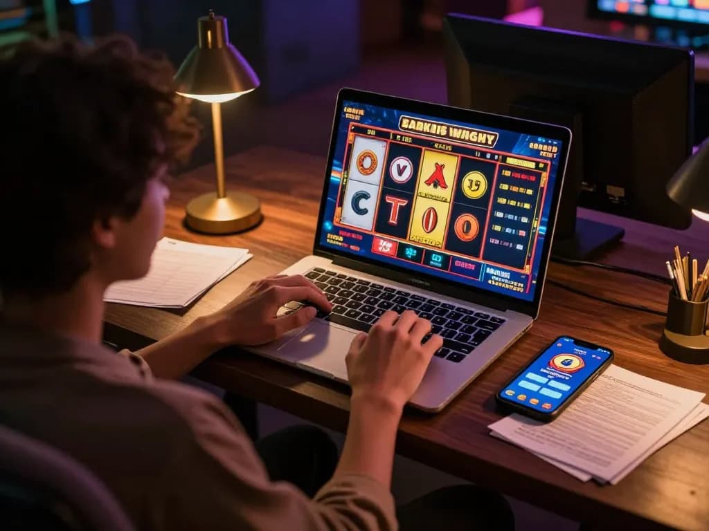 Engaging in exciting gameplay of slot online on laptop with cozy home atmosphere.