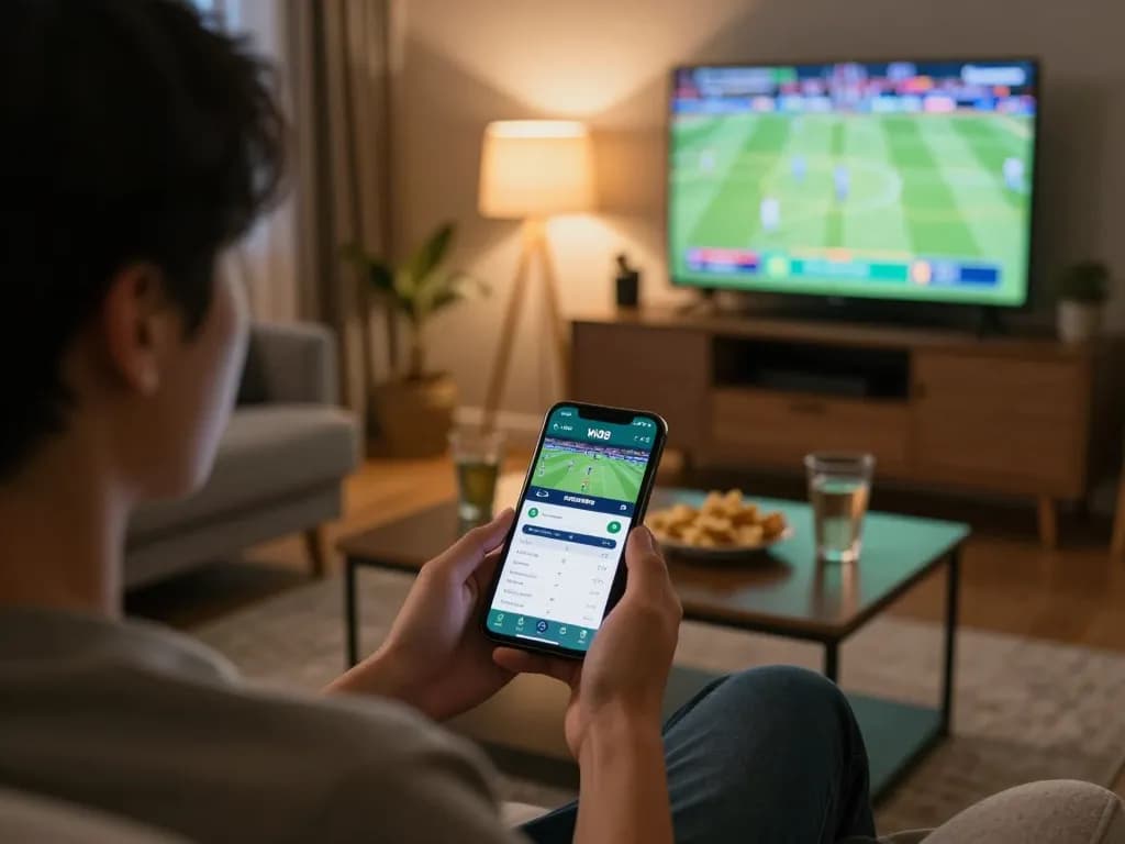Person placing bets on W88 sports app while enjoying a game in a cozy home setting