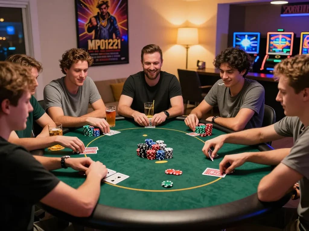 MPO1221 meningkatkan malam permainan di rumah saat teman-teman menikmati poker dan kebersamaan.