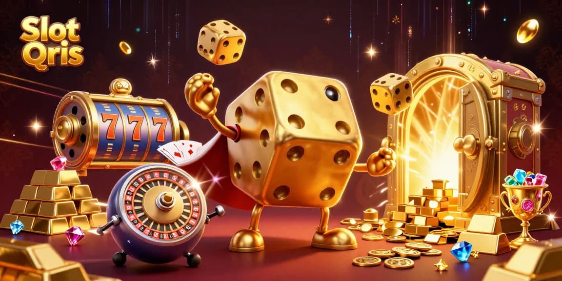 Play exciting Slot Qris games with captivating visuals of golden dice, slot reels, and treasures.