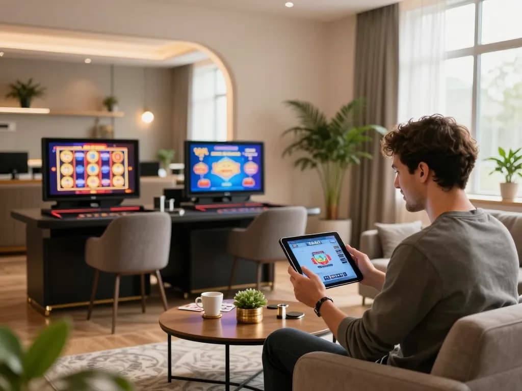Player enjoying online casino games on tablet, engaging with lc88vina's exciting features.