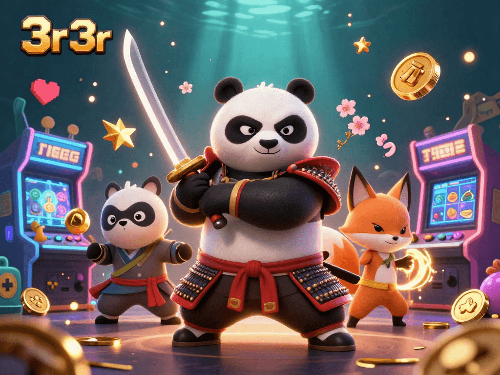 Engage in 3r 3r for dynamic gameplay with a fierce panda samurai, ninja fox, and magical tanuki.