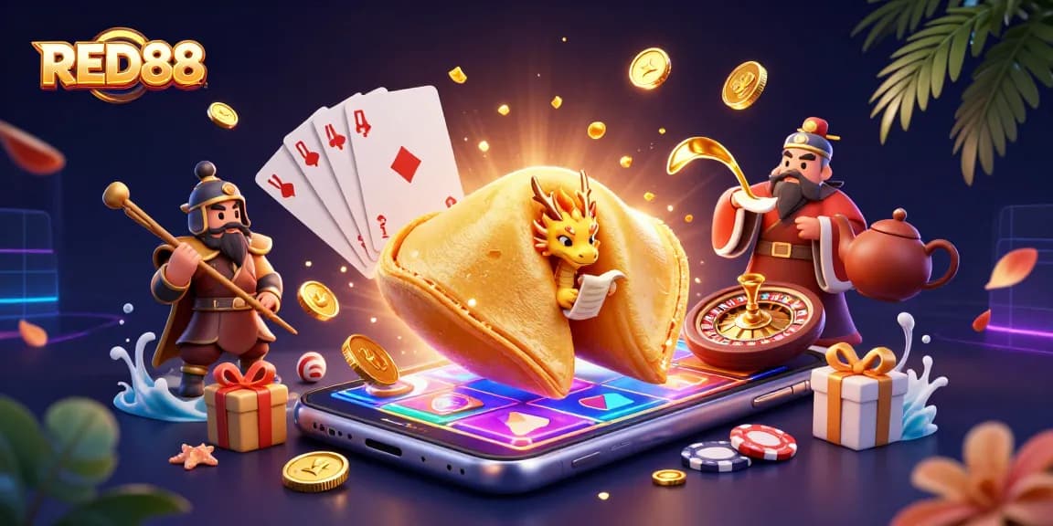 Experience the thrilling action of RED88 with a vibrant golden fortune cookie and casino elements.