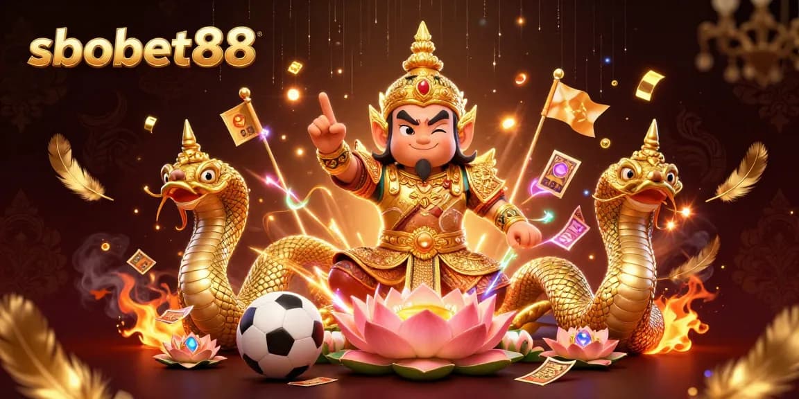 Sbobet88 showcases vibrant action with a temple guardian, Naga serpents, and sports betting elements in a stunning 3D scene.
