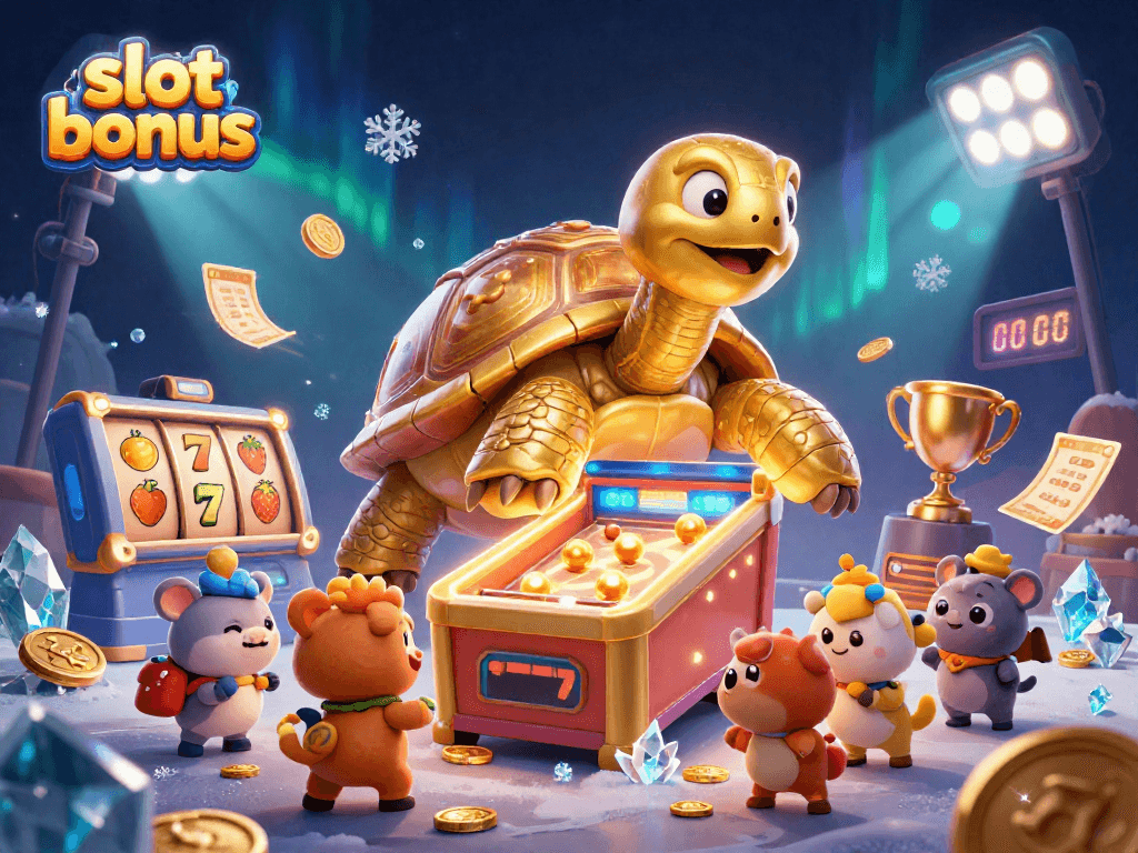 Engage with slot bonus visuals featuring a vibrant scene with a golden tortoise pinball machine and excited animals.