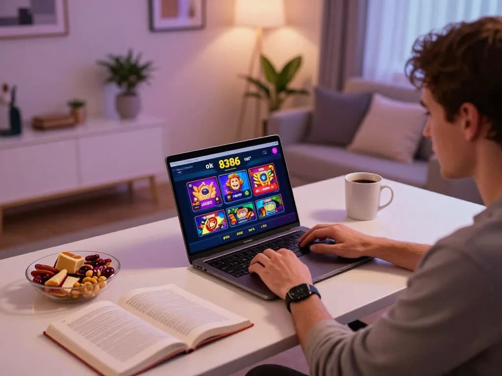 Engaging scene of a player enjoying ok 8386 online casino from home with strategic notes visible