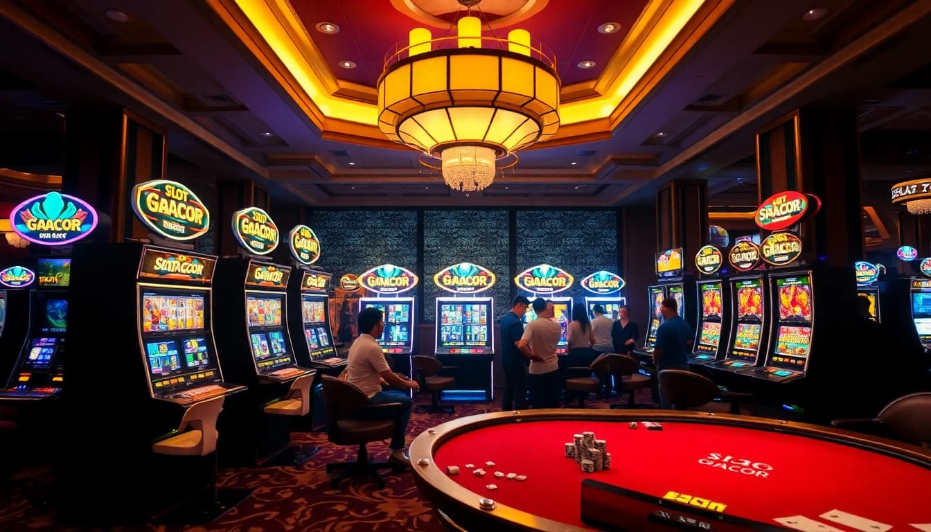 Slot Gacor machines enticing players with vibrant graphics and potential winnings in a luxurious casino.
