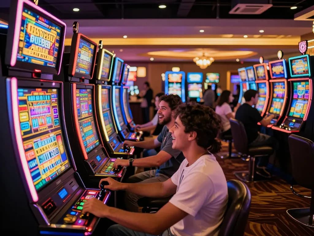 Engaged players enjoying kdslots on colorful slot machines surrounded by vibrant casino atmosphere.