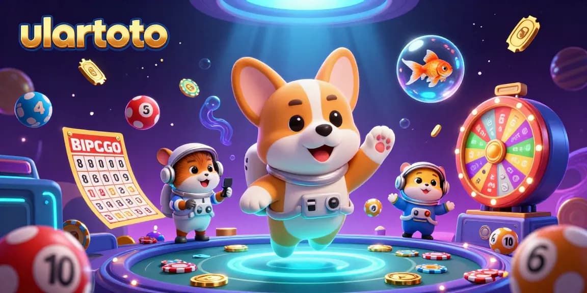Experience ulartoto's dynamic lottery action with floating characters and vibrant gaming elements.