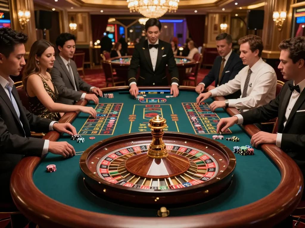 Players at MM88 casino eagerly betting at a roulette table, showcasing a thrilling gaming moment