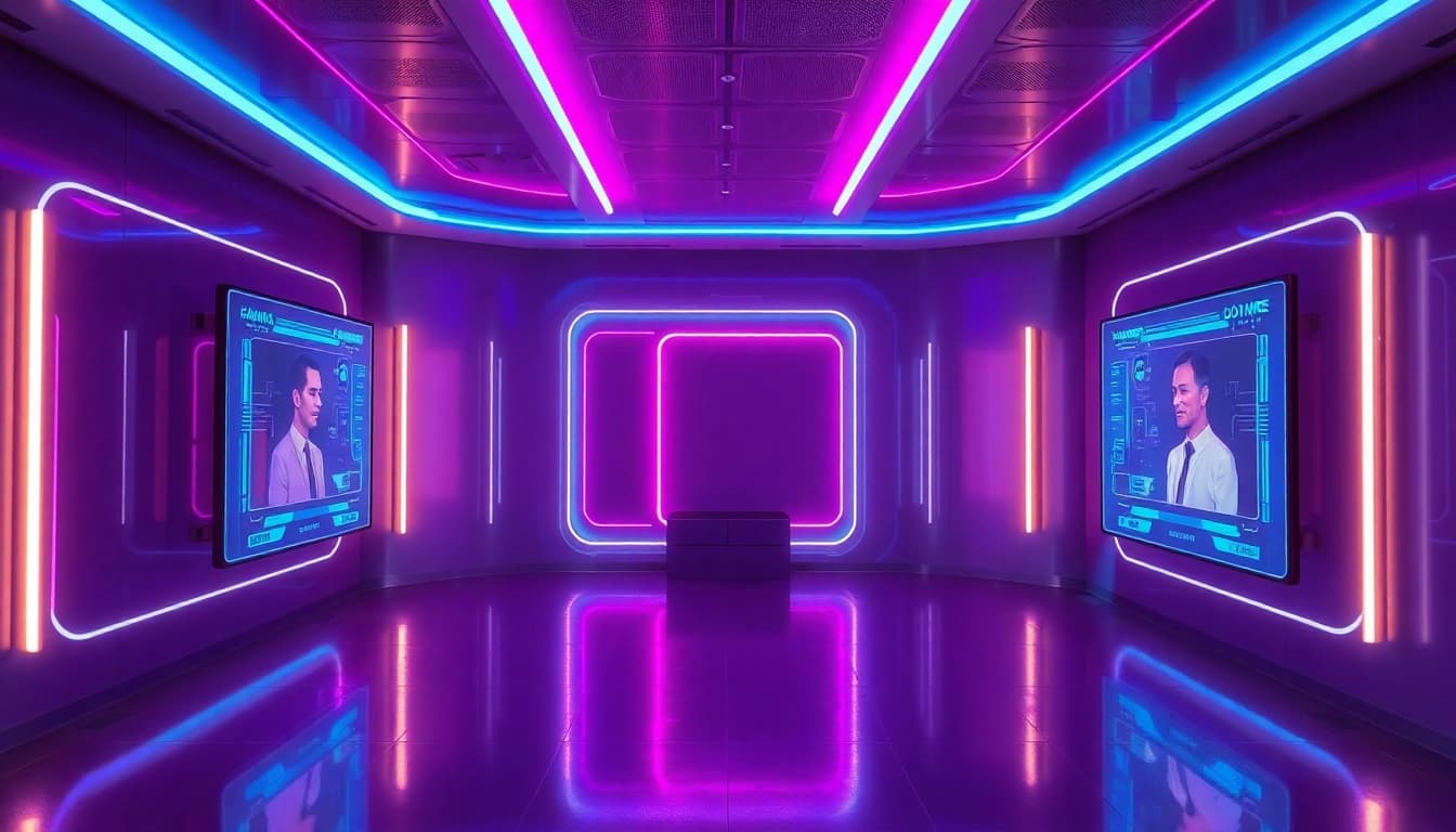 A captivating view of a virtual AI chat space specialized in ai chat porn, featuring sleek neon lighting and interactive screens.