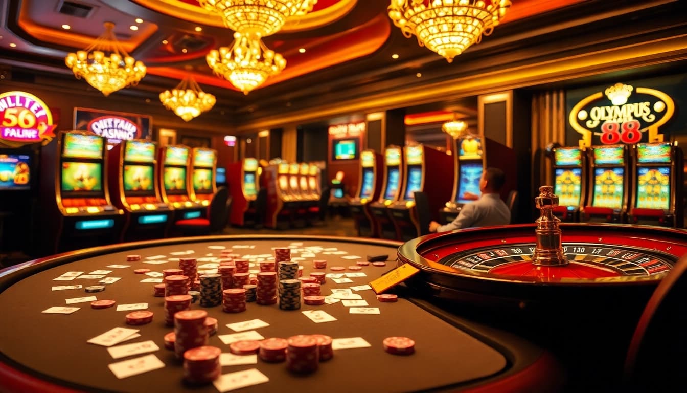 Experience the thrilling atmosphere of OLYMPUS88 with vibrant slots, cards, and casino ambiance.
