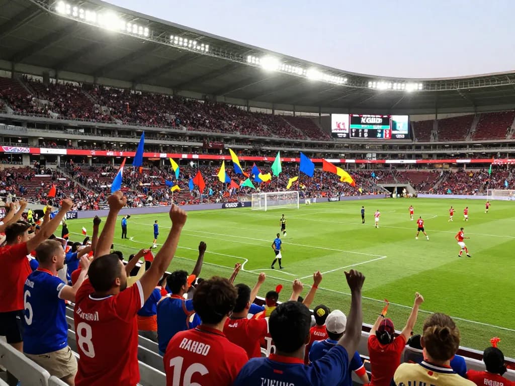 KQBD football fans celebrating in a vibrant stadium with scoreboard and players visible.