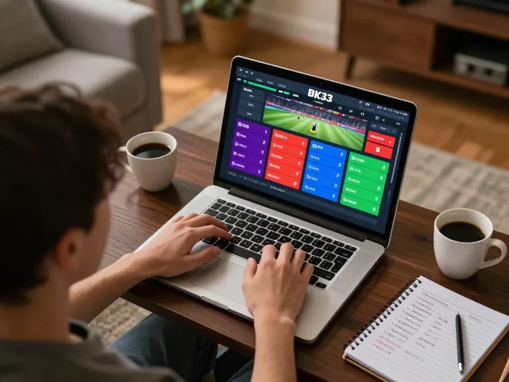 Person engaging in online BK33 sports betting at a cozy home setup, showcasing vibrant interface and betting notes.