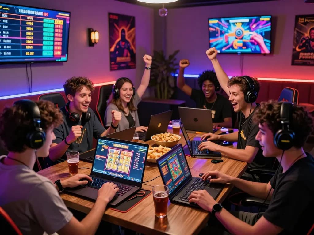 Engaging Barcaslot gaming scene with players enjoying digital slot games amidst neon lights and celebratory atmosphere.