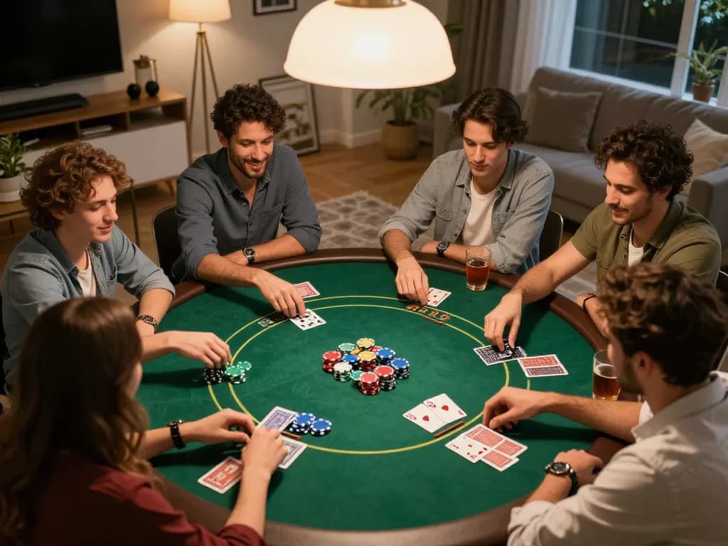 Friends enjoying an exciting poker game at home, showcasing a lively poker setup with 68win vibe.