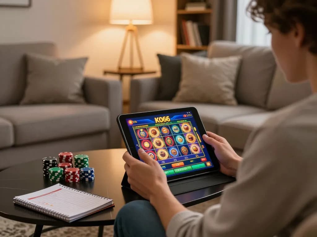Người đang tận hưởng ứng dụng casino KO66 trên máy tính bảng, bao quanh bởi chips và ghi chú chiến lược trong không gian sống ấm cúng.