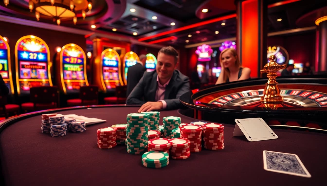 Terlibat dalam permainan yang mendebarkan di 33win68 dengan meja kasino yang cerah dan chip poker.