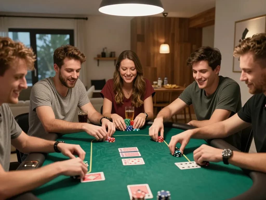 CakhiaTV users enjoying poker night with friends, chips and cards visible in an engaging atmosphere.