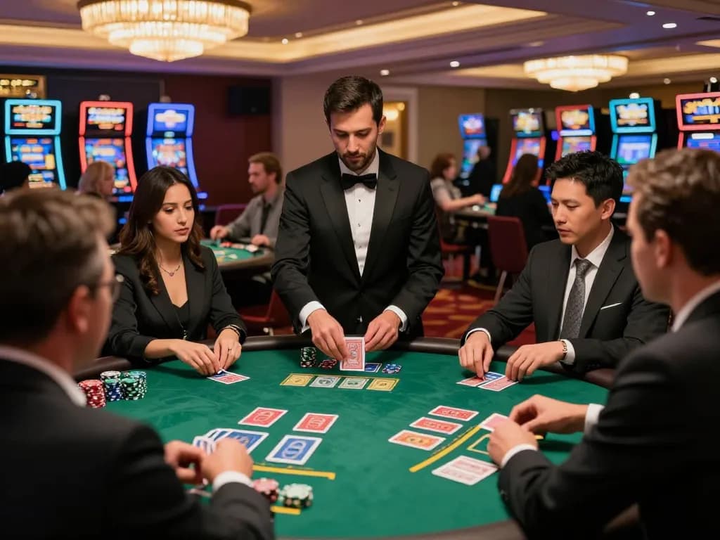 Engaged players at a blackjack table using mega888 app in lively casino atmosphere