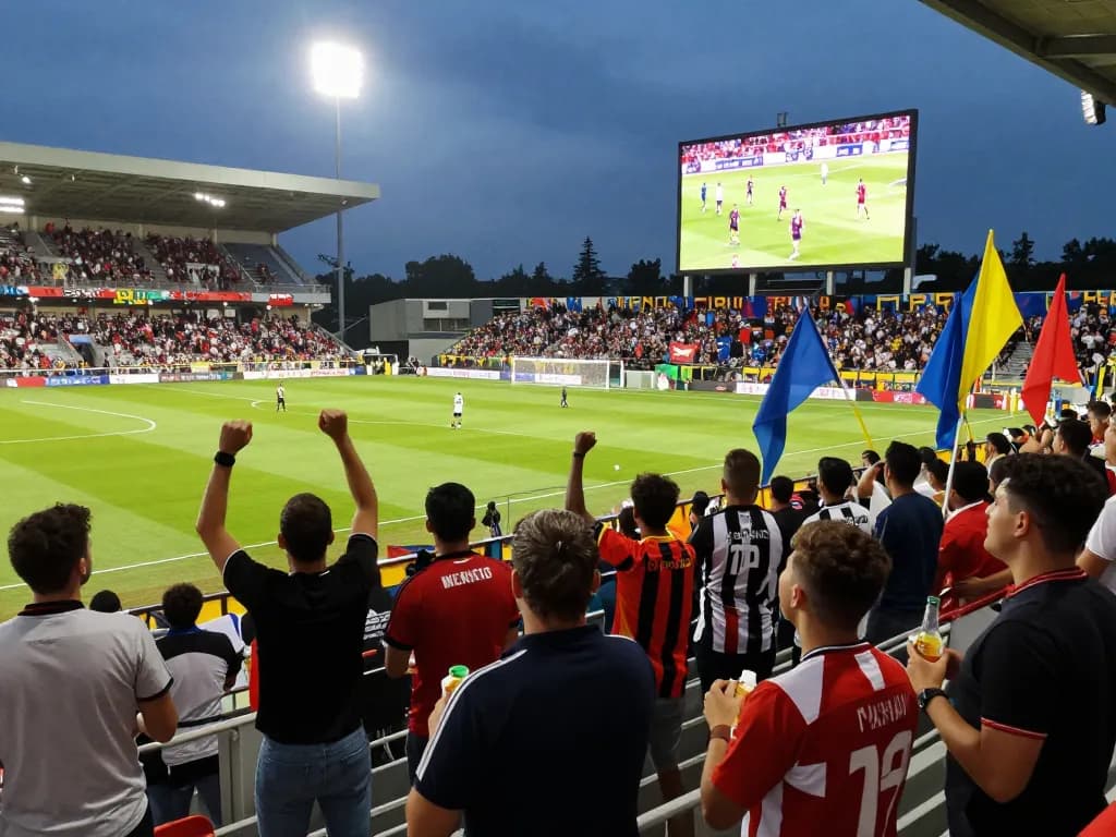 Xem bóng đá cakhia tv in a vibrant stadium filled with cheering fans during a live football match.