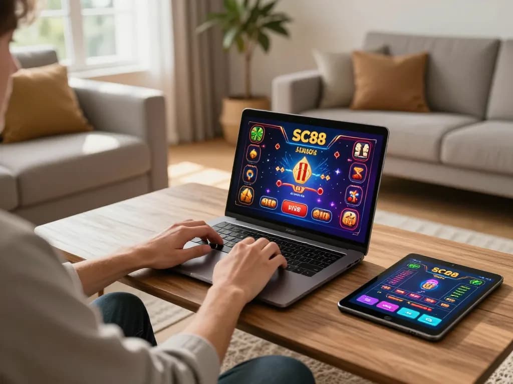 Engaging SC88 online gaming experience with laptop showing vibrant graphics in cozy living room.