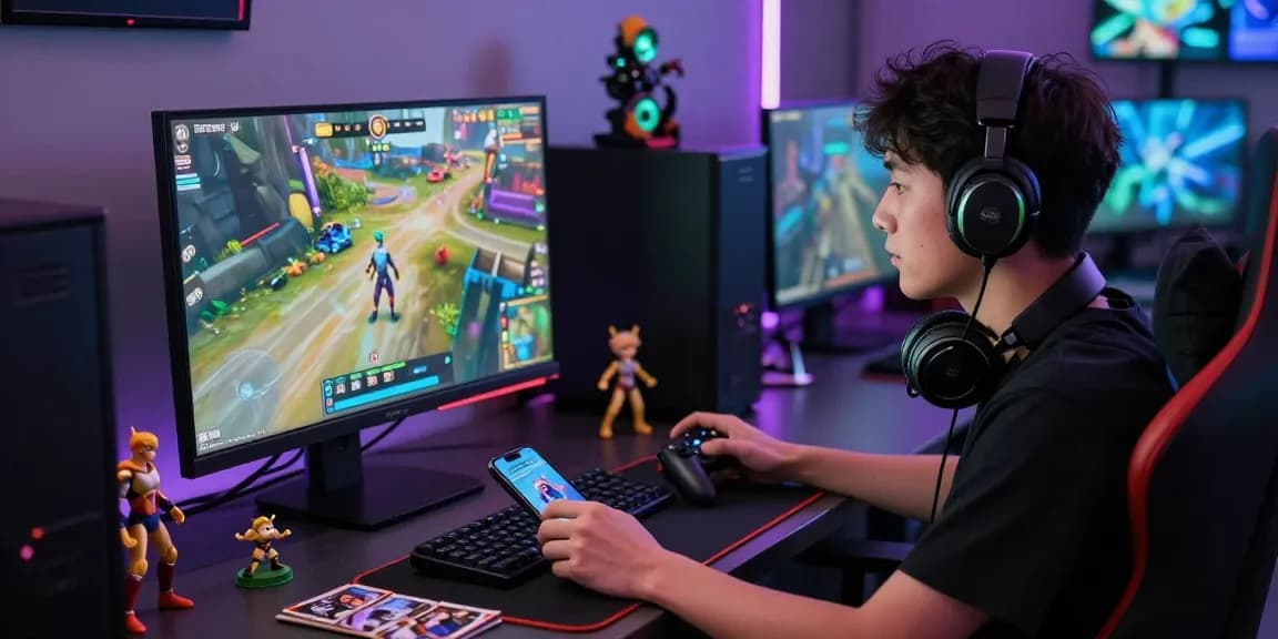 Pengguna terjun4d bermain game online dengan monitor besar dan aksesoris gaming di ruangan modern