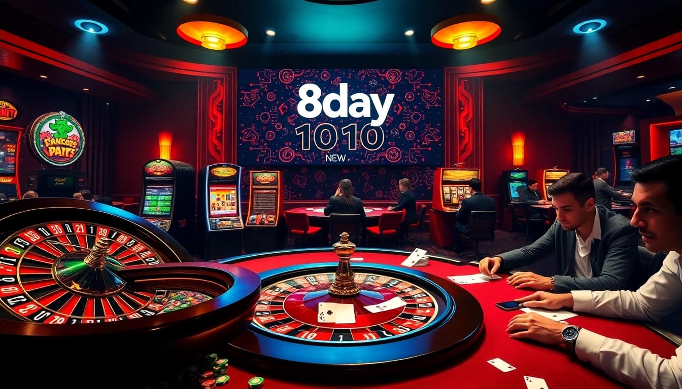 Exciting casino gambling scene with 8day branding featuring poker tables and roulette wheels.