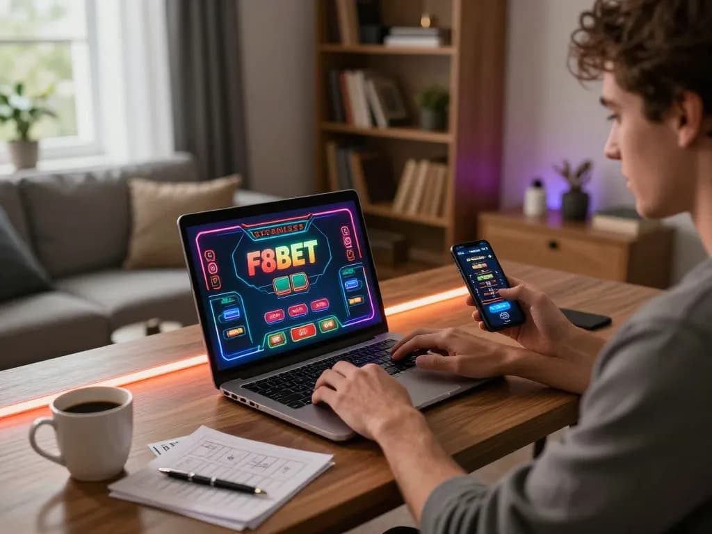 Engaging with F8BET on multiple devices, showcasing a stylish home gaming setup for online gambling.