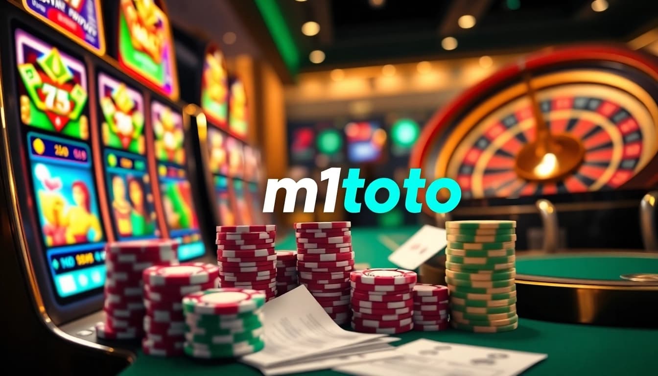 Rasakan pengalaman permainan online yang mendebarkan di M1TOTO dengan mesin slot berwarna-warni dan chip poker dalam suasana kasino mewah.