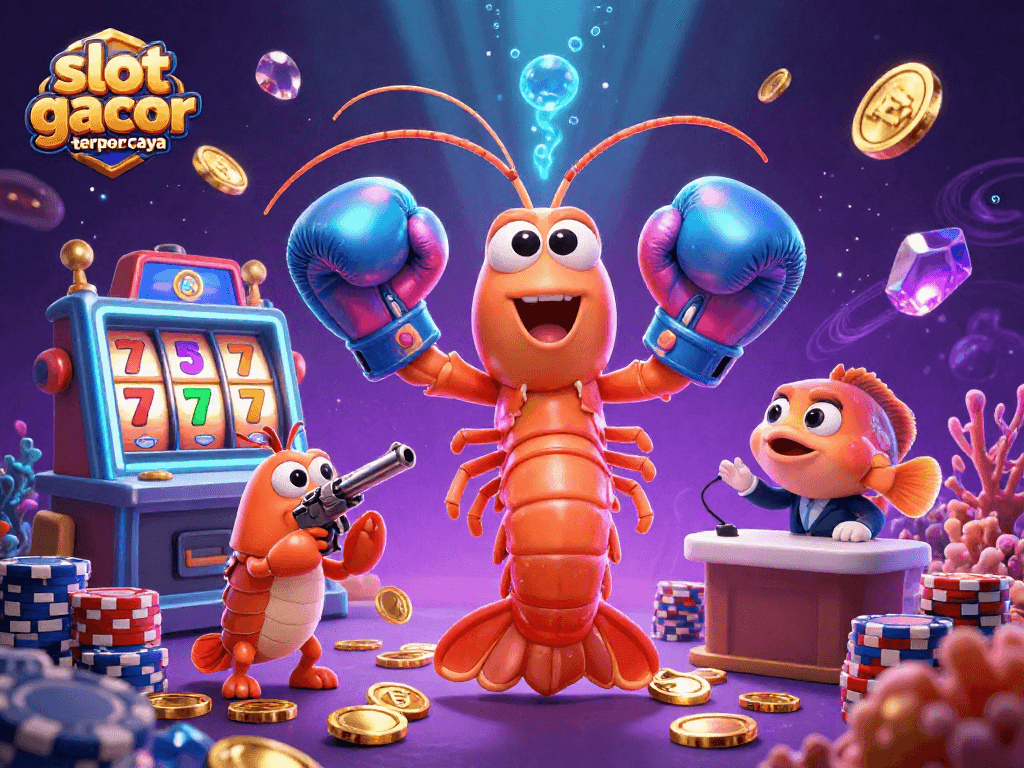 Experience the thrill of slot gacor terpercaya with colorful shrimp characters amidst casino elements.
