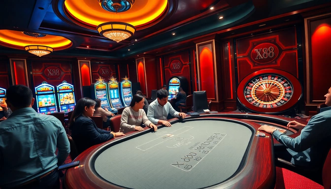 Engaging gamblers at a luxurious XX88 poker table combined with vibrant casino elements.