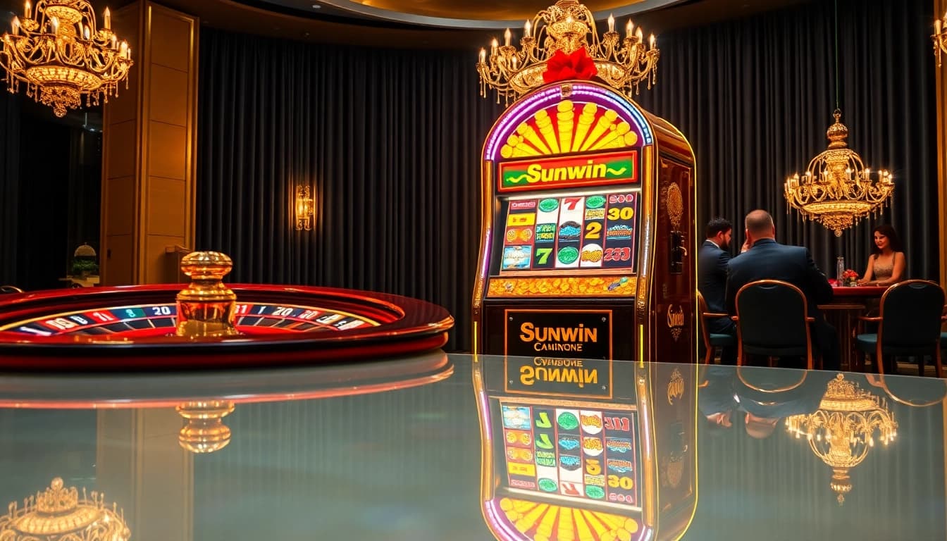 Experience the thrill at the Sunwin casino, featuring vibrant slot machines and a high-stakes poker table.