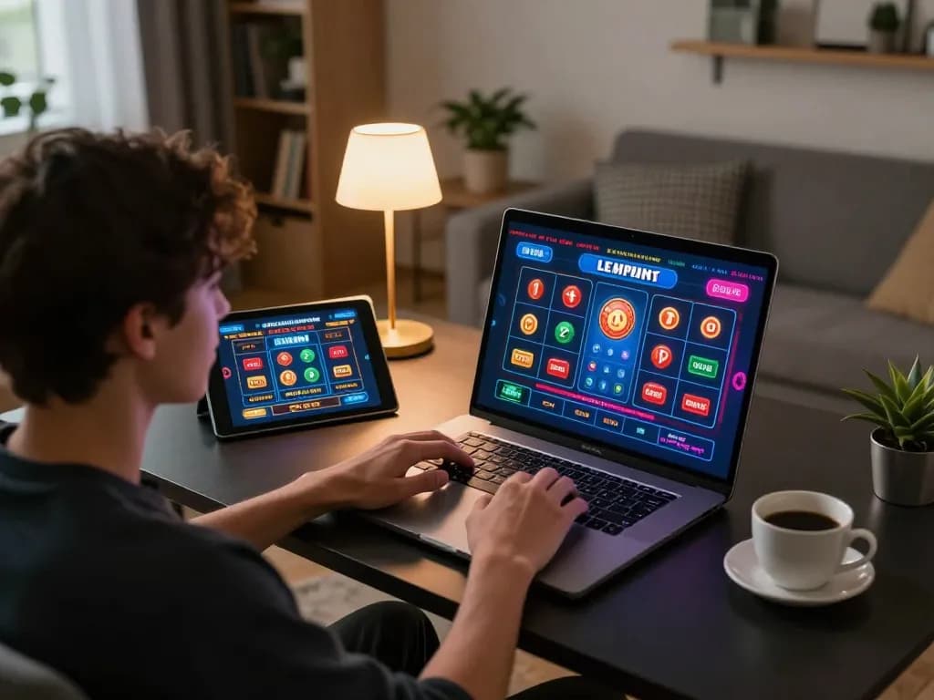 Engaging in online casino gaming at https://rr88.navy/ with a laptop, showcasing a modern home setup and responsible gaming