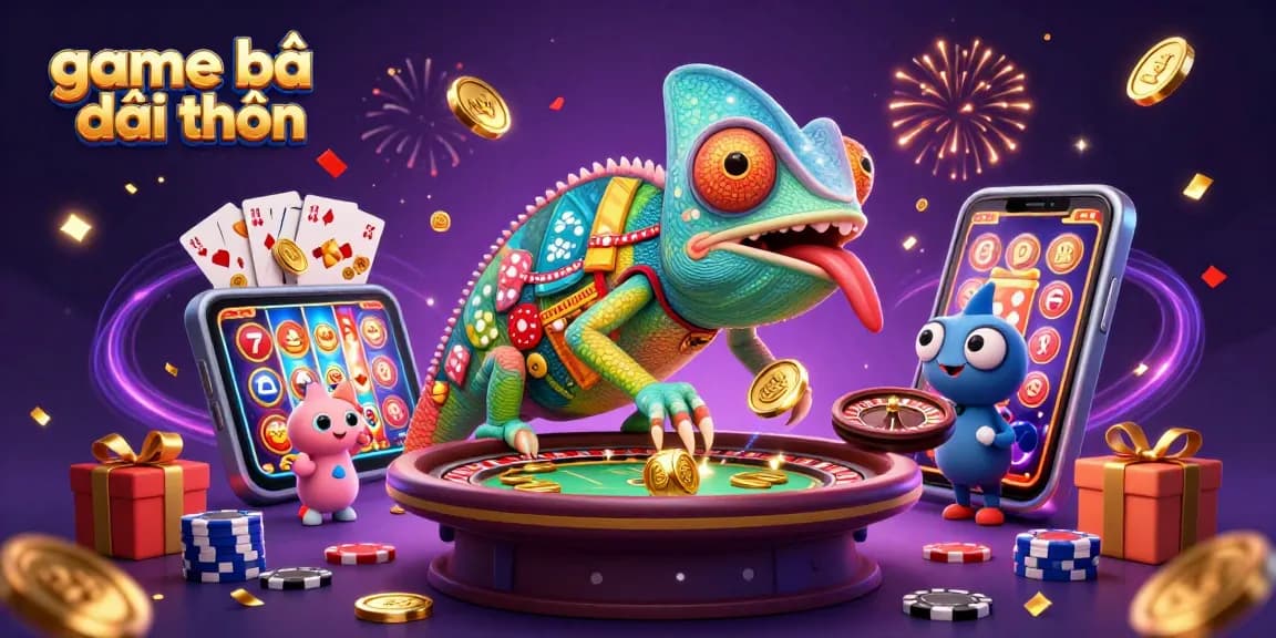 Exciting action of game bài đổi thưởng with a colorful chameleon and spinning slots.