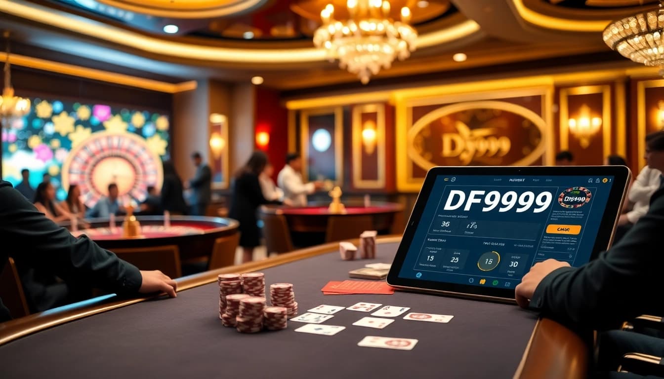 Experience high-stakes poker at DF999, featuring luxurious tables and vibrant casino atmosphere.