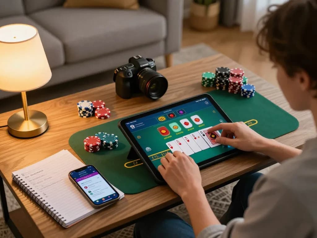 Engaged player enjoying online blackjack at home with ho88 app on tablet, showcasing strategic gameplay.