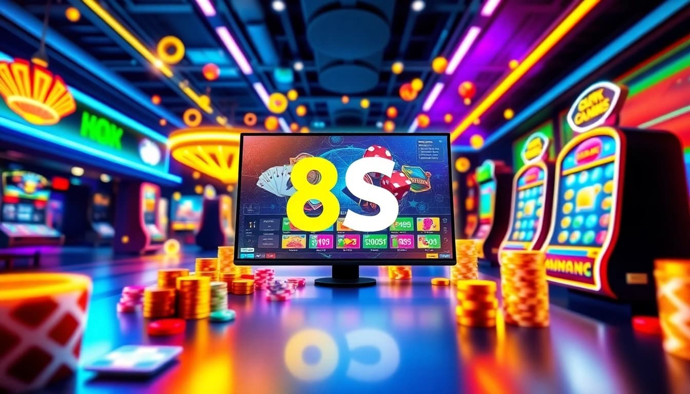 8S online gambling platform showcasing vibrant gaming graphics and a casino atmosphere.