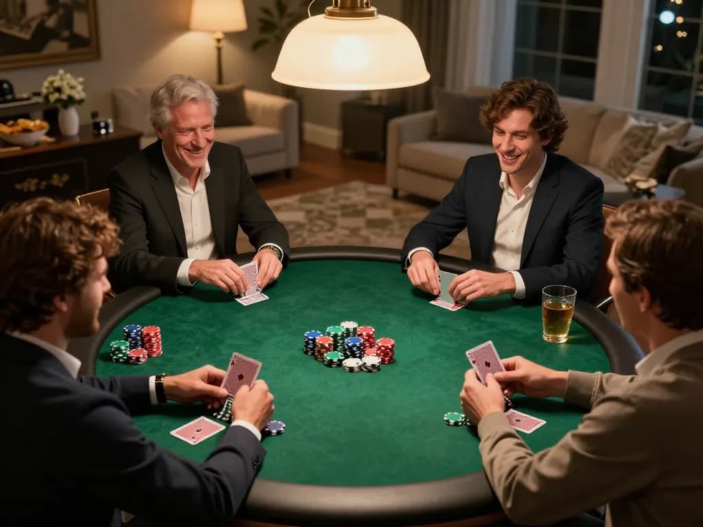 Engaged players compete in a strategic poker game at home, featuring bem88 action and vibrant chips.